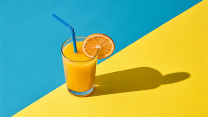 Refreshing glass of orange juice with a straw and orange slice garnish sits on a vibrant split background of blue and yellow, casting a strong shadow.