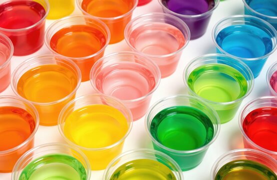 Assortment of vibrant, rainbow-colored jello cups in clear plastic containers, perfect for festive parties, sweet treats. Contains assorted flavors, colors like red, orange, yellow, green, blue,