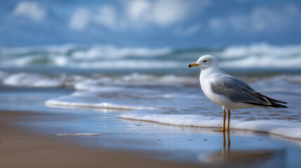 Fototapeta premium Seagull Standing on One Leg at the Beach in Gentle Sunlight