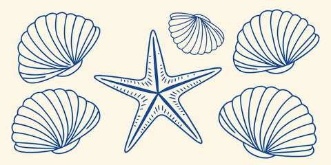 Collection of hand drawn blue seashells and a starfish on a cream background