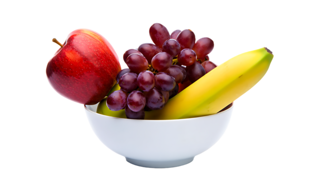 A bowl of fresh fruit, including an apple, grapes, and a banana, is isolated on transparent background, promoting healthy eating