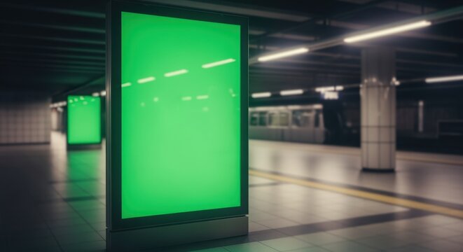 Green billboard display in underground transit area highlighting customizable ad space