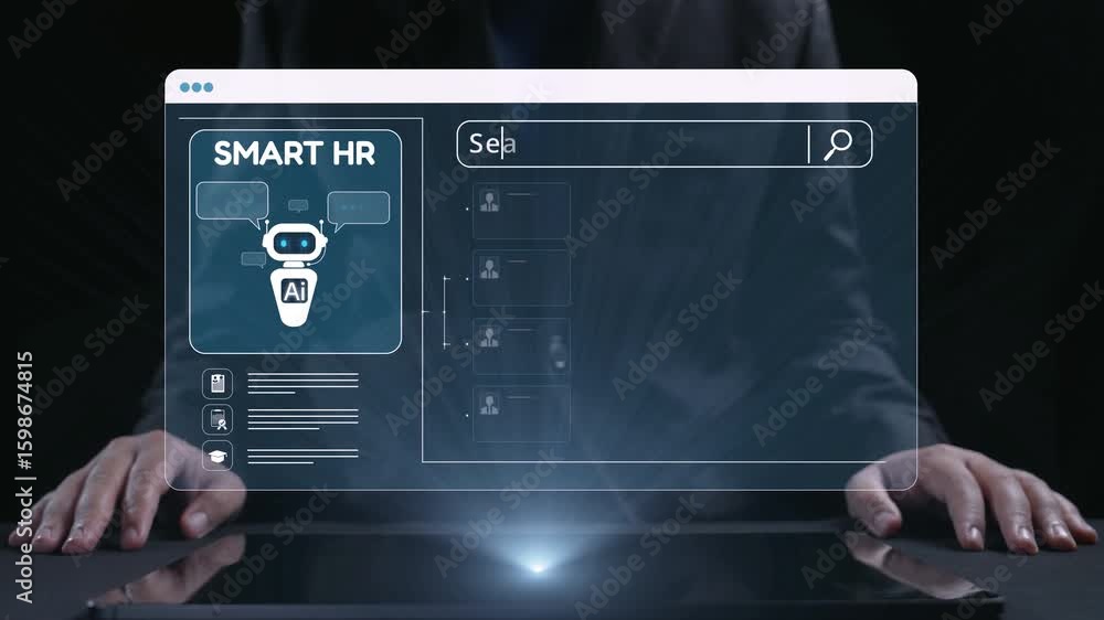 Poster this image depicts a futuristic human resource management system utilizing ai technology featuring u