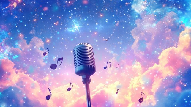 Dreamy scene retro microphone among pastel clouds and shimmering stars, musical notes floating
