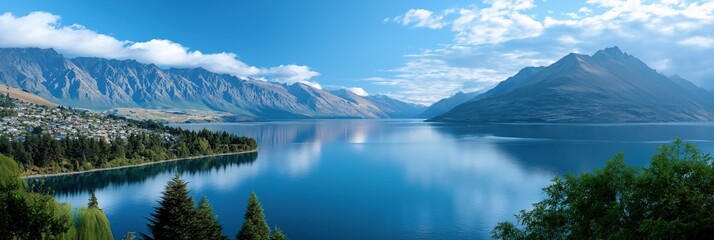 Serene lake wakatipu with majestic mountain views and lush greenery in new zealand