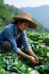 Asian female farmer harvesting strawberries in lush green field