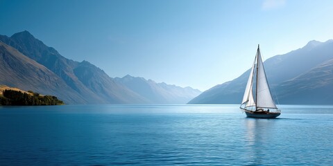Fototapeta premium Serene sailboat on tranquil lake against majestic mountain landscape