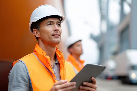 Asian male engineer with hard hat and safety vest holding tablet at construction site