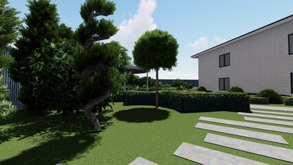 Panoramic video of landscape design of a city garden. Panoramic view from a vantage point of the park landscape.	
