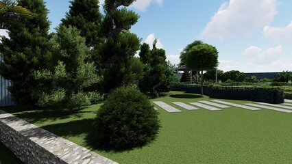 Panoramic video of landscape design of a city garden. Panoramic view from a vantage point of the...