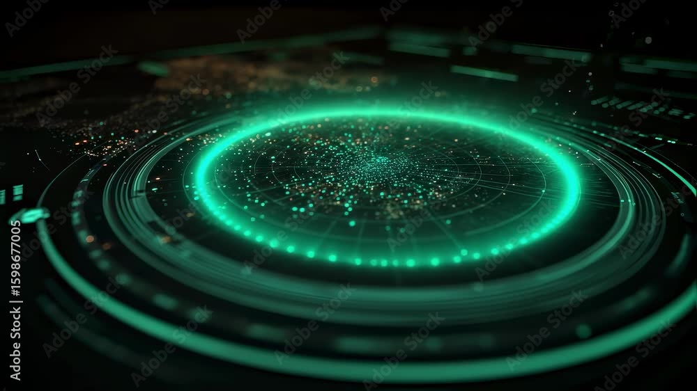 Poster the digital display features a dynamic radar interface with a dark background contrasted by a vibran