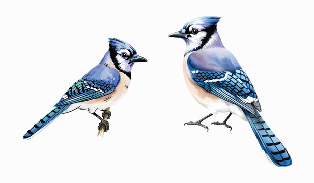 Watercolor illustration of a hand painted blue jay perched on a small branch.