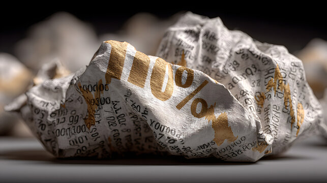 Inflation ,interest rates and global economy. Crumpled paper with 10 percent text financial newspaper, stock chart, inflation