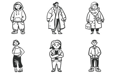 Collection of six hand-drawn urban-style female characters in various outfits—hoodie, coat, scarf, casual and oversized clothes. Black and white sketch design for trendy fashion concepts.
