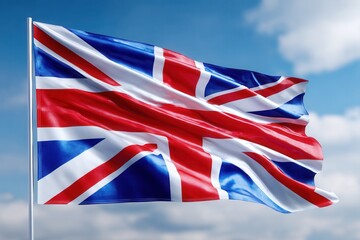 Fototapeta premium Union Jack flag waving gracefully against a clear blue sky backdrop