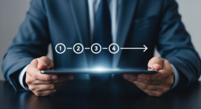 
Business plan progress step, Man with a tablet and step checklists with progressive loading status to remind work task progressive for project development tracking and managing concept.