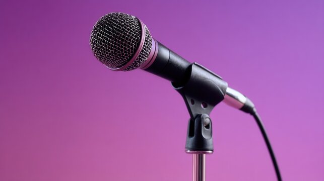 Microphone on a stand in front of a vibrant purple background ready for performance