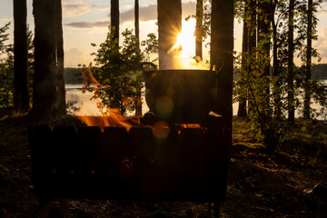 Enjoy a peaceful serene sunset campfire experience by the beautiful lake in a forest setting