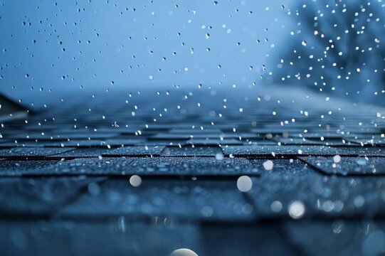 Asphalt roof shingles in a rain and hail storm - a slow motion close up view of a roof during a storm, shallow depth of field - drops of rain, hail damage close up - animation
