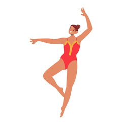 Fototapeta premium Athletic female artist wearing gymnastics suit in dancing pose isolated on white background
