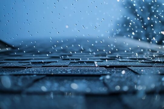Asphalt roof shingles in a rain and hail stormclose up view of a roof during a storm, shallow depth of field - drops of rain, hail damage close up, video animation
