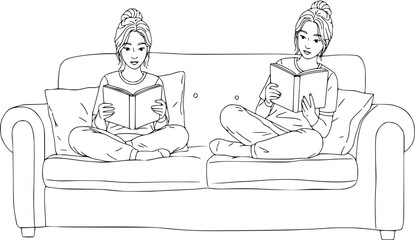 vector girl reading a book on a sofa with black lines on a white background .Generative AI
