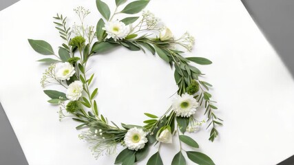 Flower arrangement with copy space featuring white blossoms and lush green leaves. Flower arrangement showcases gerbera daisies and delicate baby's breath, crafted in a circular wreath.