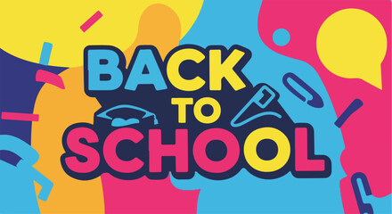 Back to school design features vibrant colors and school elements, capturing excitement for new academic year. Back to school design includes colorful abstract shapes, school supplies,
