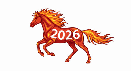 Fiery horse illustration with year 2026 represents upcoming Year of the Horse, symbolizing energy and fortune.