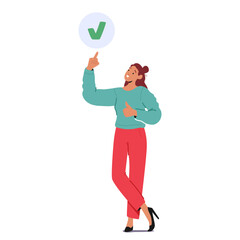 Young woman employee cartoon character pointing at done tick checkmark box indicating completed task