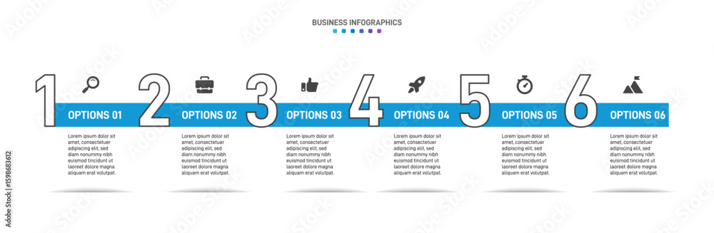 Poster progress bar featuring 6 arrow-shaped elements, symbolizing the six stages of business strategy and 