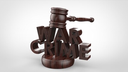 Wooden 3D war crime inscription and judge's gavel. Stock image.