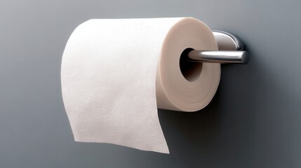 Roll of white gold hangs patiently, awaiting the call of nature on a grey wall