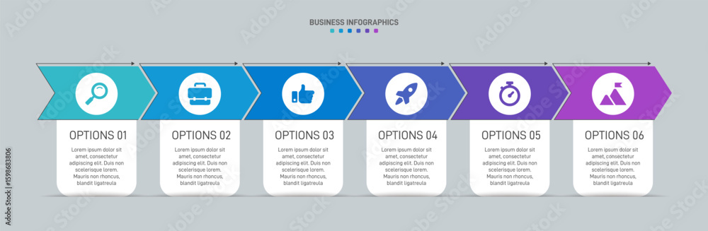 Poster progress bar featuring 6 arrow-shaped elements, symbolizing the six stages of business strategy and 