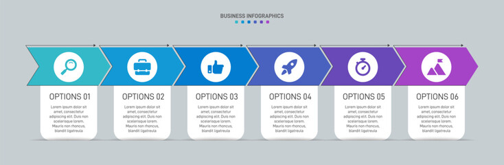 Progress bar featuring 6 arrow-shaped elements, symbolizing the six stages of business strategy and progression. Clean timeline infographic design template. Vector for mobile presentation.