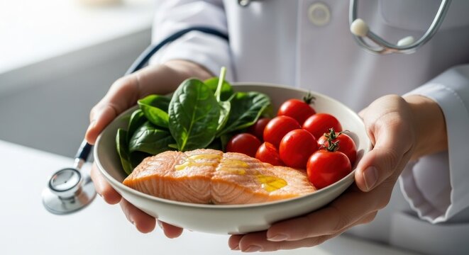 Healthy salmon dish held by doctor