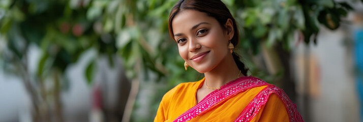 A woman wearing a yellow and pink sari is smiling. She is standing in front of a tree