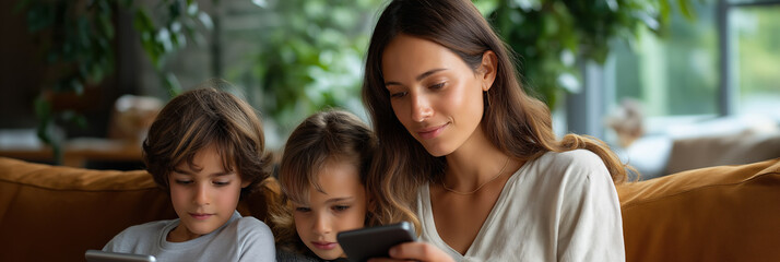 A woman is sitting on a couch with two children, one of whom is holding a tablet. The woman is looking at the tablet, and the children are watching her