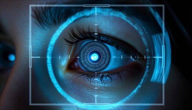 Closeup of eye scanning biometric technology with digital interface  