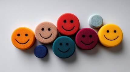 Smiling Faces Gathering A rainbow Of colorful, textured sponge circles with smiles create a cheerful tableau