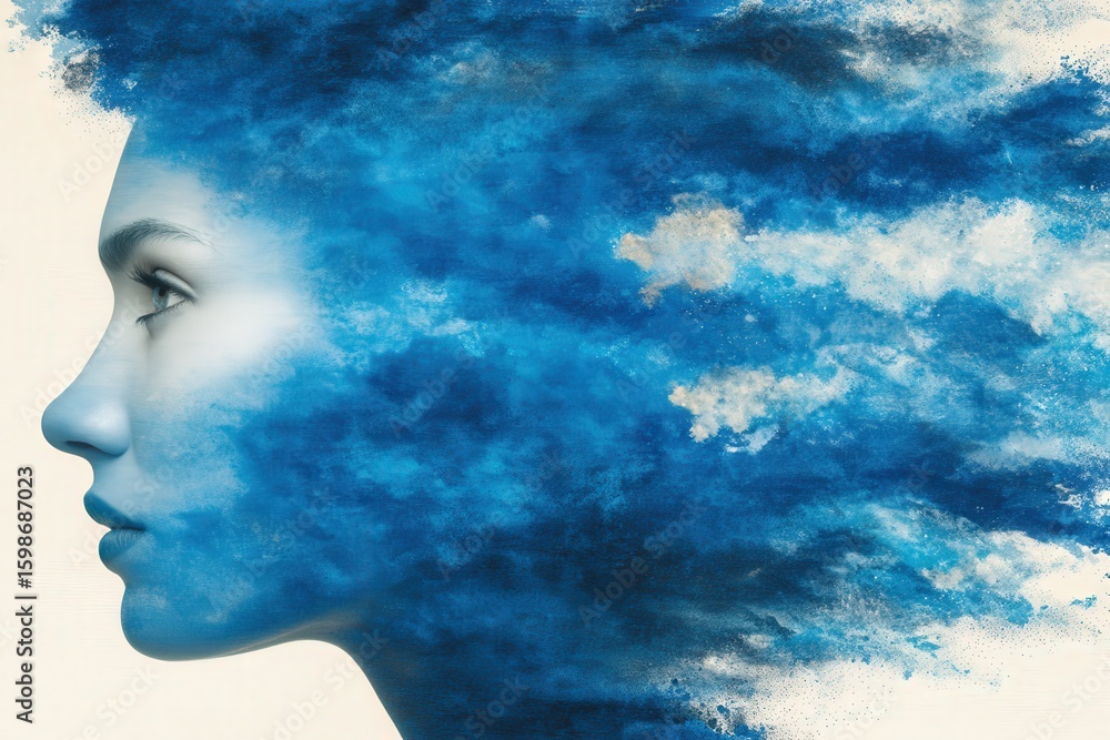 Poster serene silhouette of a woman emerging from a vivid blue cloudscape symbolizing creativity and inspir