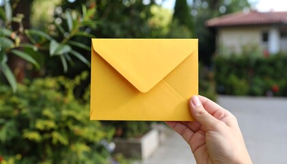 Hand holding a bright yellow envelope outdoors