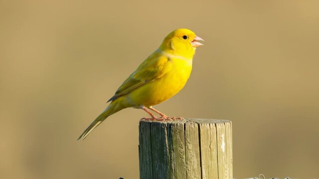 Vibrant Yellow Canary Perched on Wooden Post in Natural Light with Soft Background Detail Featuring a Small Bird in its Natural Habitat