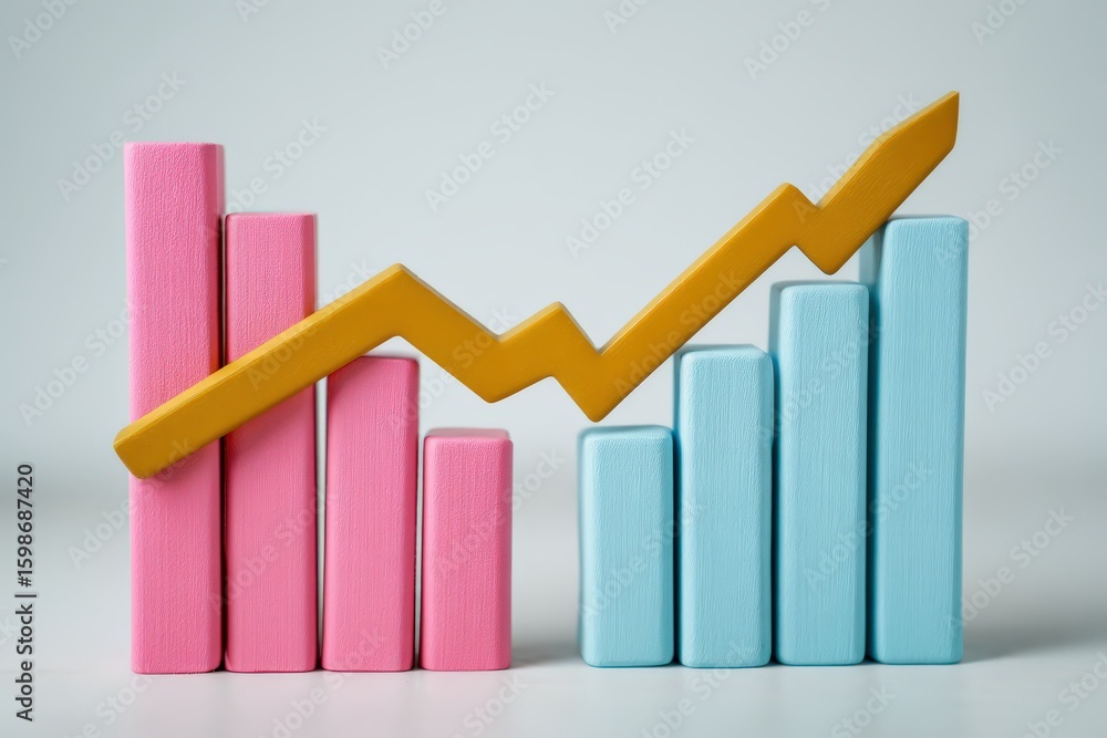 Poster colorful bar graph representing business growth with vibrant pink and blue columns and a dynamic yel