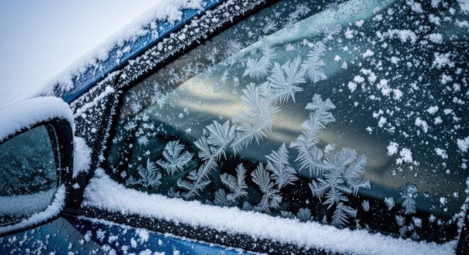 Icy frost patterns on a snow-covered car window