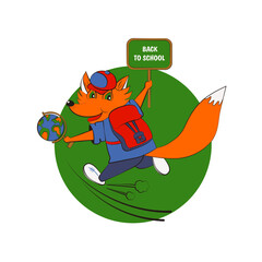 Joyful cartoon fox running with school backpack, globe and back to school sign. Bright flat colors. Perfect for childrens designs, school promotions and educational materials.