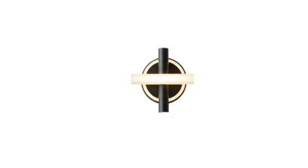 A modern black and gold wall sconce with a horizontal led light is mounted on a transparent background