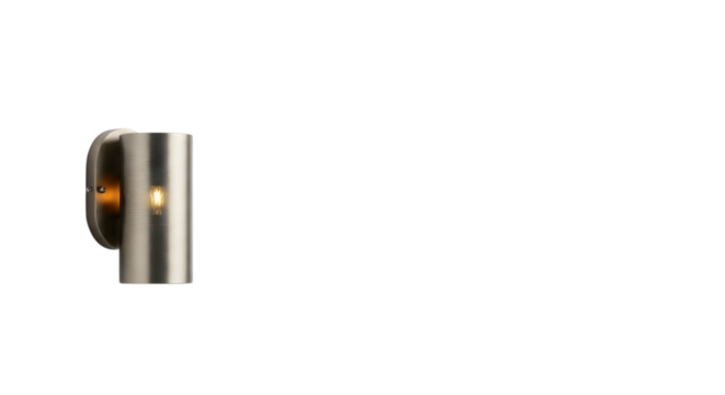 A modern brushed nickel cylinder wall sconce light fixture with a lit bulb is mounted on a transparent