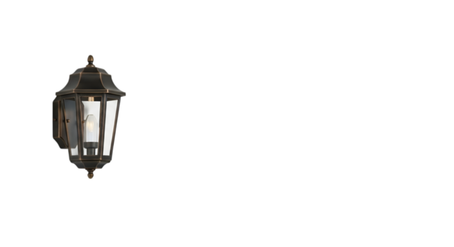 An antiquestyle dark bronze outdoor wall lantern sconce with clear glass panels is mounted on a