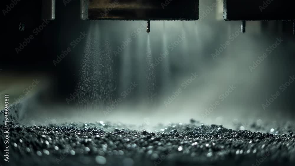 Poster innovative 3d printing machine spraying metal powder onto surface, creating intricate object layer b